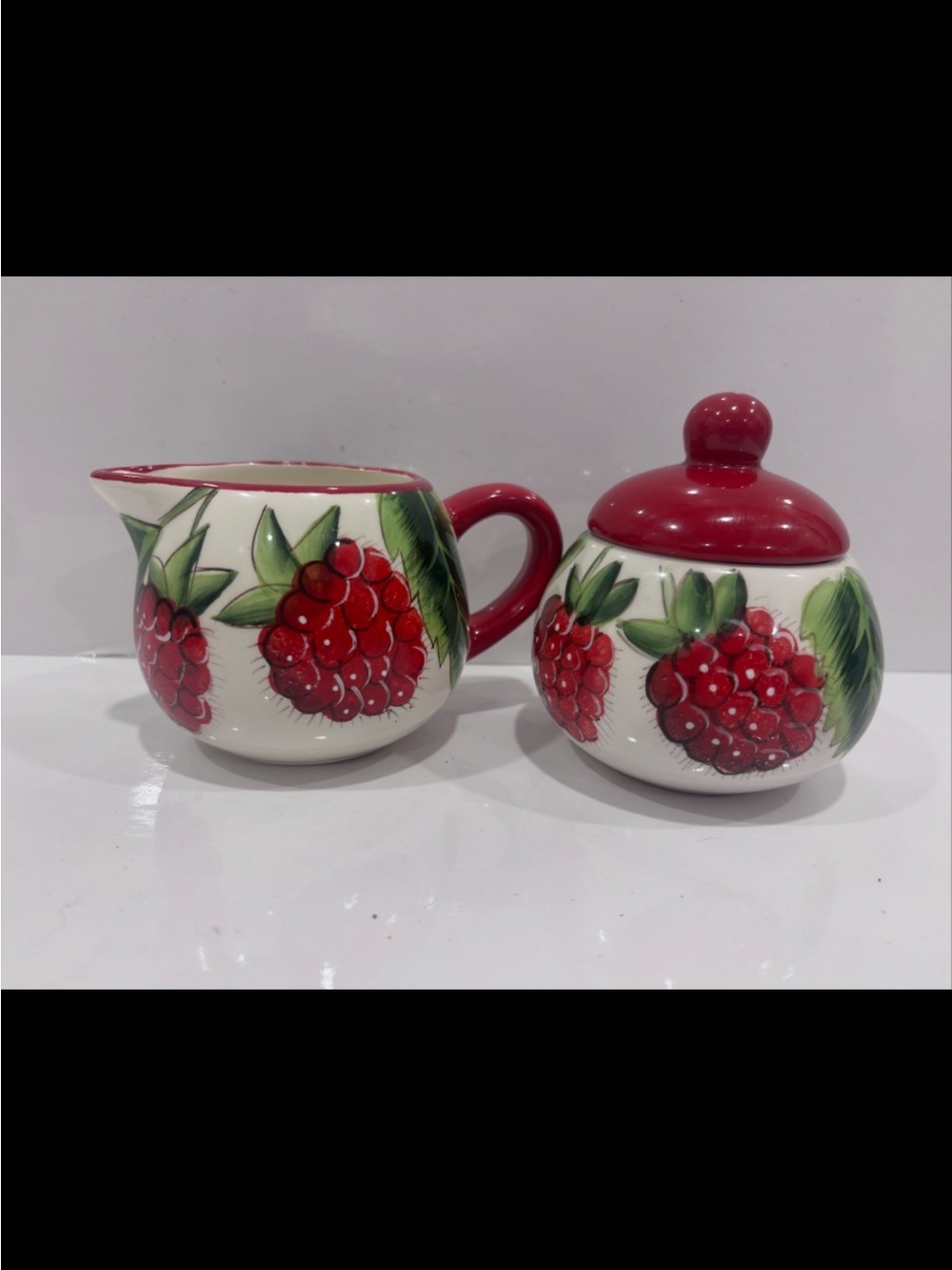 Hand-Painted Berry Ceramic Creamer and Sugar Set - Red and Green